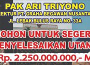 Pemilik Gedung Graha BEGAWAN NUSANTARA, Memberikan Cek Bodong